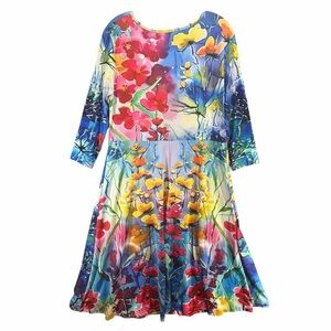 Women’s XL‎ Floral Multicolor Dress Garden Boho Artsy Stretch Whimsy